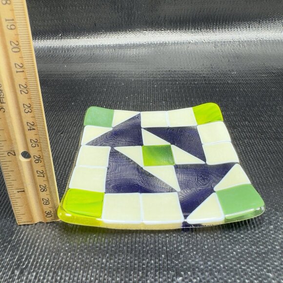 Hand Made Geometric Square Fused Glass Dish Plate Artist Signed Multicolored VTG - Picture 3 of 15